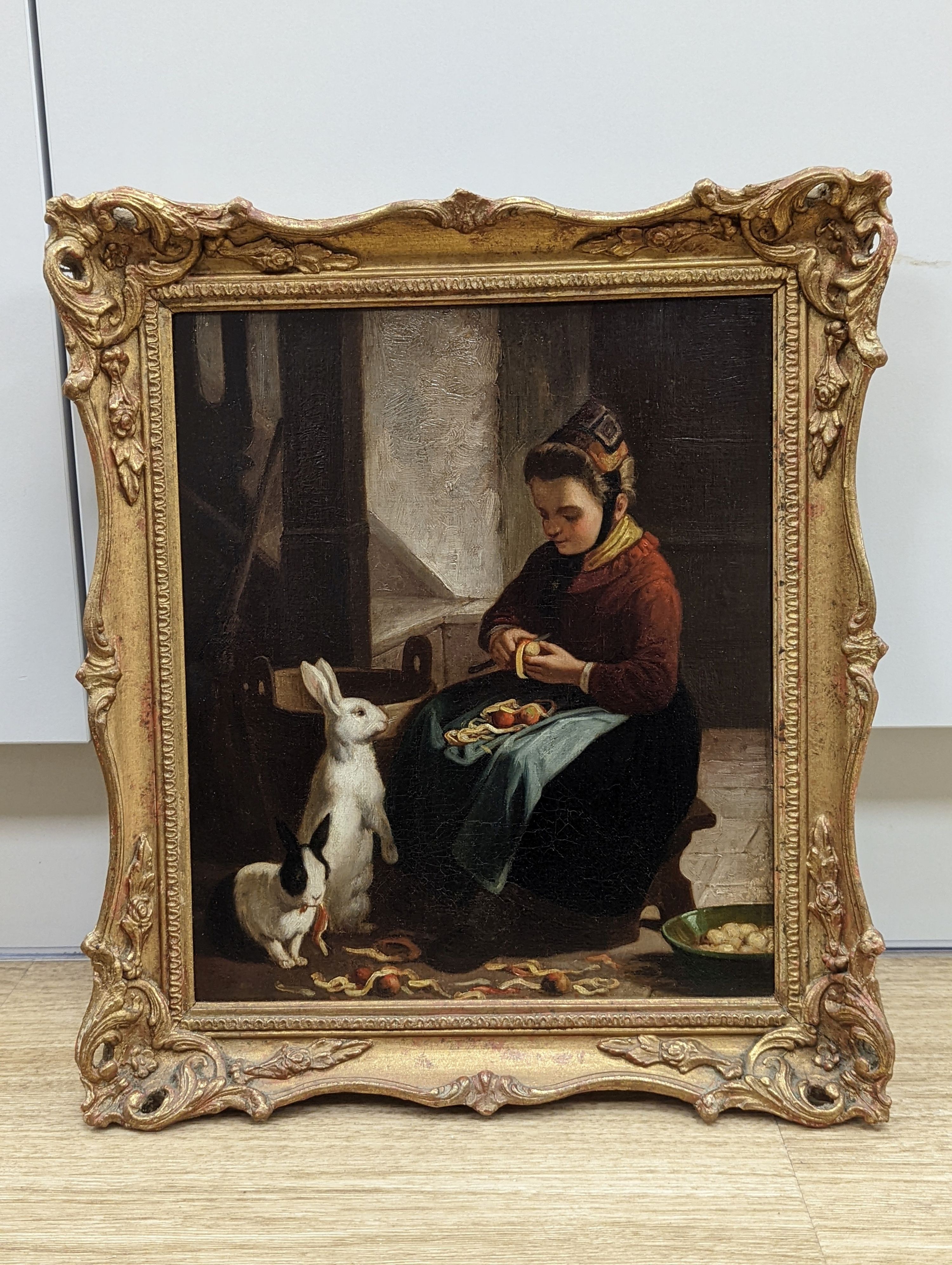 Victorian School, oil on canvas, Woman peeling apples surrounded by rabbits, 31 x 26cm